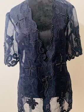 Belldini Sheer Beaded Evening Wrap — Navy Blue, Beaded Sleeves